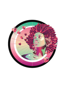 Circular artwork with a stylized face and floral elements on a white background