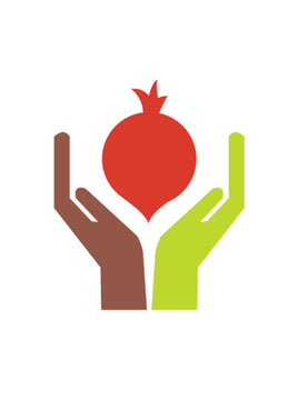 A logo with two hands loosely holding a drawing of a vegetable