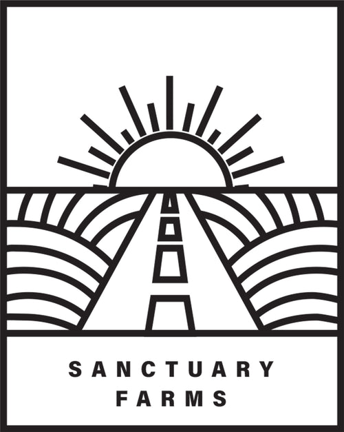 Sanctuary Farms logo with a stylized sun and fields on a white background