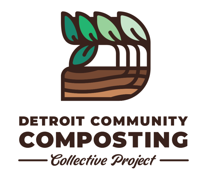 Logo of Detroit Community Composting Collective Project with composting bin and leaves on a white background.