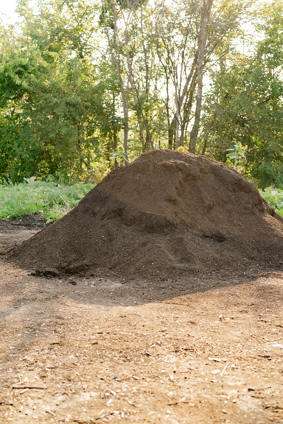 Large pile of compost or soil in a natural setting with trees in the background